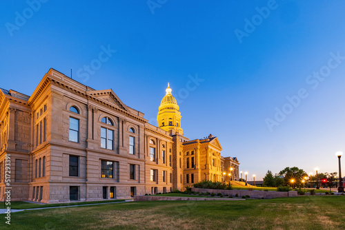 Sunset view of the beautiful Wyoming State capitol building photo