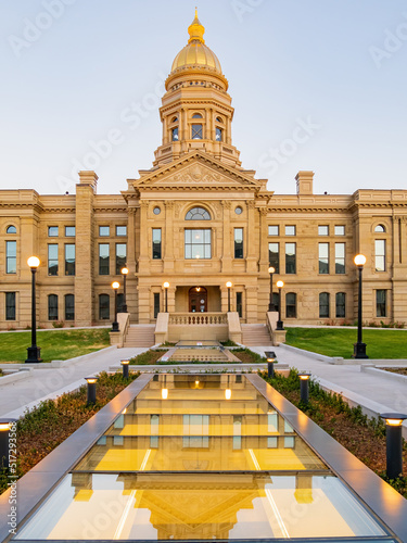 Sunset view of the beautiful Wyoming State capitol building photo