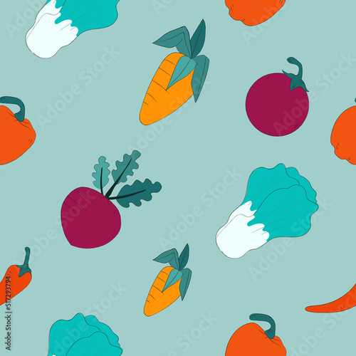 Seamless pattern vegetables with green mint background. Seamless wallpaper. Flat vector illustration.