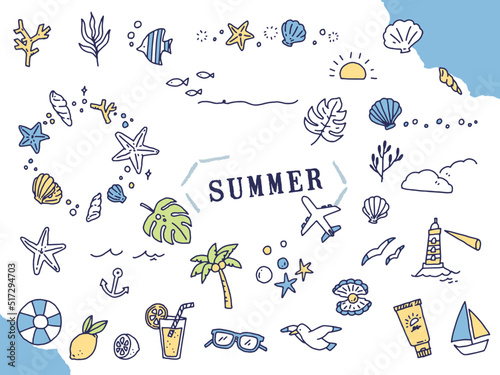 白黒、モノトーン、線画のイラスト(手書き、オシャレ、雑誌、ファッション、可愛い、海、夏、貝殻) Black and white, monotone, and line drawing illustrations.Handwritten, stylish, magazine, fashion, cute, sea, summer, seashell.