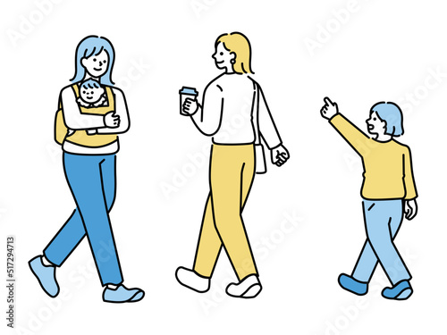 通勤、通学のイラスト(親子、子供、赤ちゃん、会社員) Illustrations of commuting and commuting.Parent and child, child, baby, office worker.