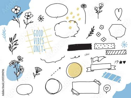 白黒、モノトーン、線画のイラスト(手書き、オシャレ、雑誌、ファッション、可愛い、吹き出し、花) Black and white, monotone, and line drawing illustrations.Handwritten, stylish, magazine, fashion, cute, balloon, flowers.