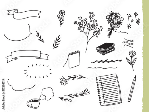 白黒、モノトーン、線画のイラスト(手書き、オシャレ、雑誌、ファッション、可愛い、吹き出し、花) Black and white, monotone, and line drawing illustrations.Handwritten, stylish, magazine, fashion, cute, balloon, flowers.