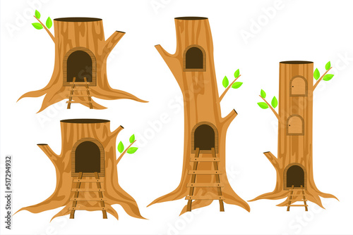 Set the tree house. Wooden house. Vector illustration of tree house
