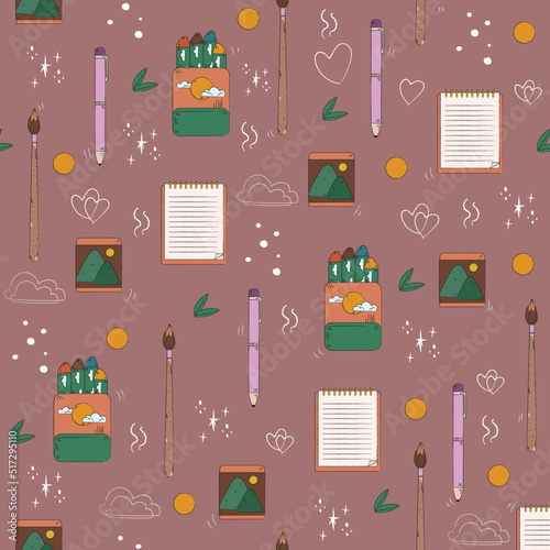 Seamless pattern stationary or school materials with brown background. Seamless wallpaper. Flat vector illustration.