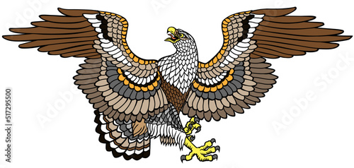 Eagle with wings spread, head turned in profile. Stylized symbolic American white-headed bald bird. Traditional tattoo. Isolated vector illustration