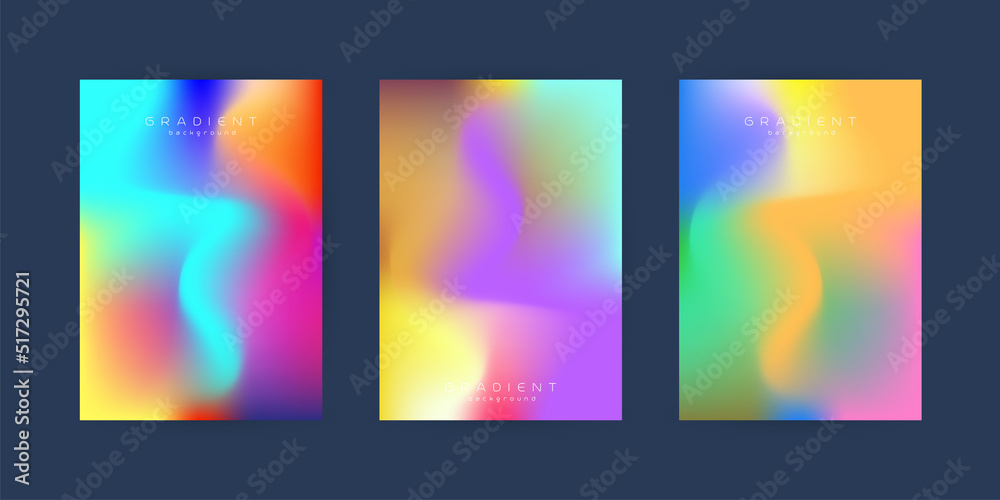 Colorful Abstract fluid shapes SET in isolated on curves gradient background, three modern pastel gradient design and Applicable vector used in mobile wallpaper, pattern and background template