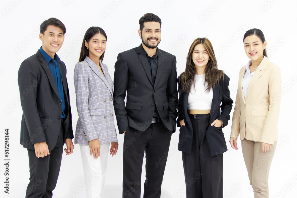 Studio shot group of millennial Indian Asian cheerful professional successful male female businessman businesswoman in formal suit standing smiling crossed arms posing together on white background Studio shot group of millennial Indian Asian cheerful professional successful male female businessman businesswoman in formal suit standing smiling crossed arms posing together on white background