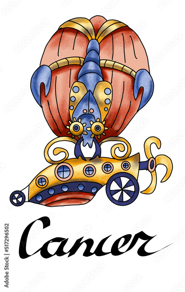 The watercolor illustration of the zodiac sign Cancer in the form of a steampunk airship is signed by Lettering. Drawing for an astrological horoscope in the steampunk style of the Cancer sign
