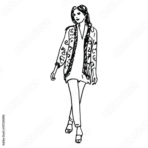Standing pretty girl in fancy clothes. Beautiful young woman wearing skinny pants and a tunic. Hand drawn linear doodle rough sketch. Black silhouette on white background.