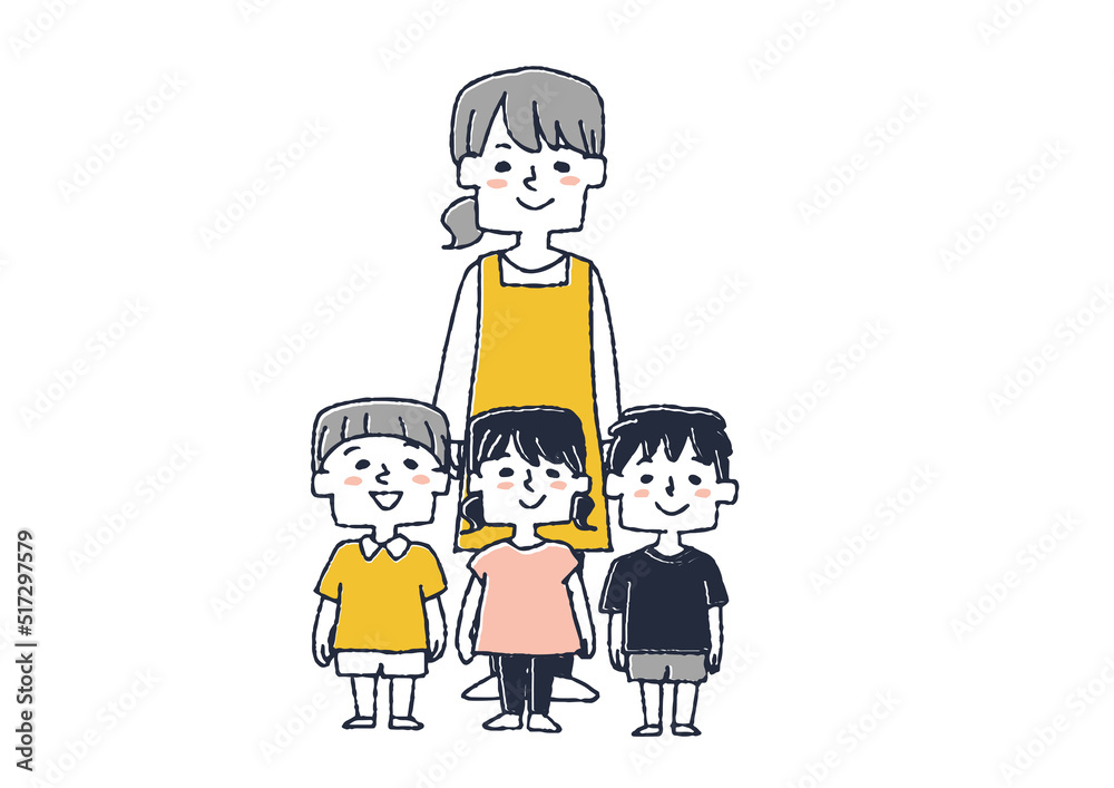 保育士の女性と子供たち　笑顔の保育園、幼稚園生活