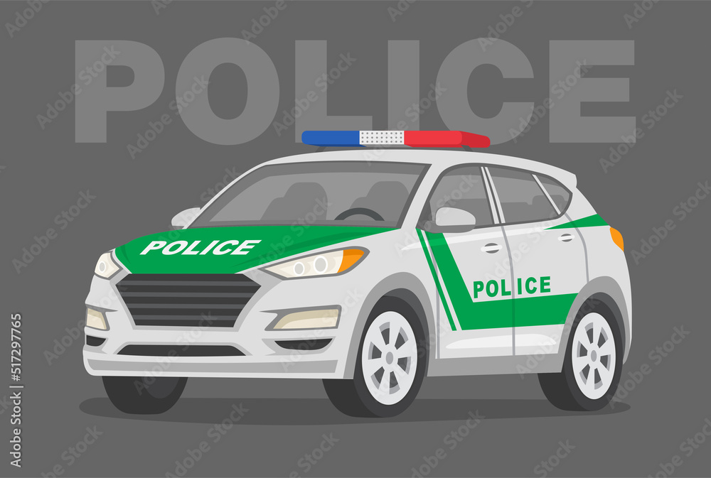 Perspective front view of a police suv car. UAE modern police car. Flat vector illustration template. Perspective front view of a police suv car. UAE modern police car. Flat vector illustration template.