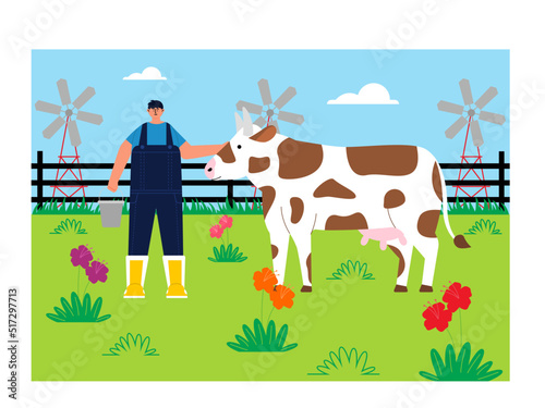 Cattle farm situation. A man with cows in the farm. Farm vector illustration.	