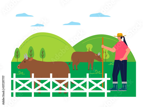 Activities on the cattle farm. The woman with the stick is guarding the cows that are grazing in the hills. Farm vector illustration.	