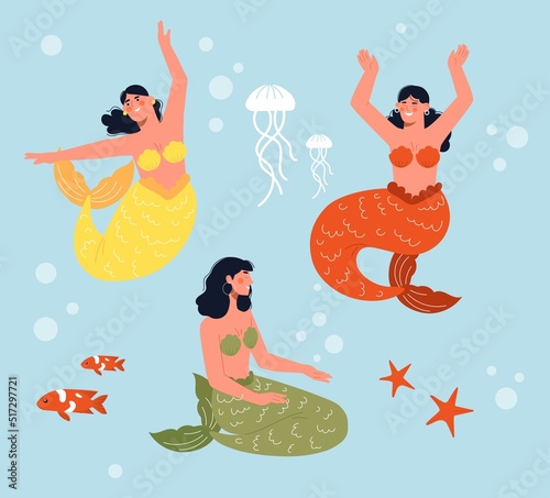 Set of cute mermaids. Beautiful smiling girls with fish tail and swimsuit swim underwater. Magic fabulous creatures inhabitants of ocean. Design for children books. Cartoon flat vector collection