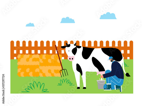 A man is milking a cow. Fresh milk from the farm. Fresh milk production. Haystack with a pitchfork.Farm vector illustration.	