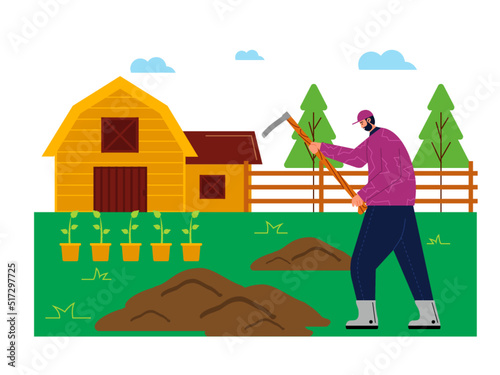 Farmers are plowing the land to prepare the soil before planting. Get active with a hoe. Fertile soil is ready to be planted with plant seeds. Farm vector illustration.	