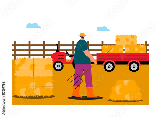 With the help of a wheelbarrow and a tractor, the farmer is laying the haystack with a pitchfork. Farmer activities in the garden. Farmers as work. Farm vector illustration.	