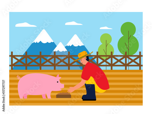 Against the backdrop of beautiful mountain scenery, the farmer is feeding his pigs in the pen. Breeder activity. Farm vector illustration.	