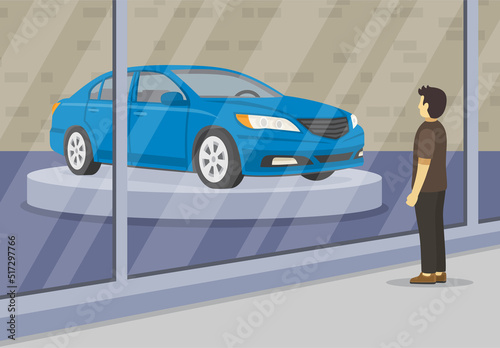 Young male character dreaming of new modern blue sedan car. Man looking at dream car. Flat vector illustration template.