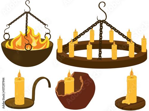 Medieval tavern interior fire stands and coasters collection vector illustration