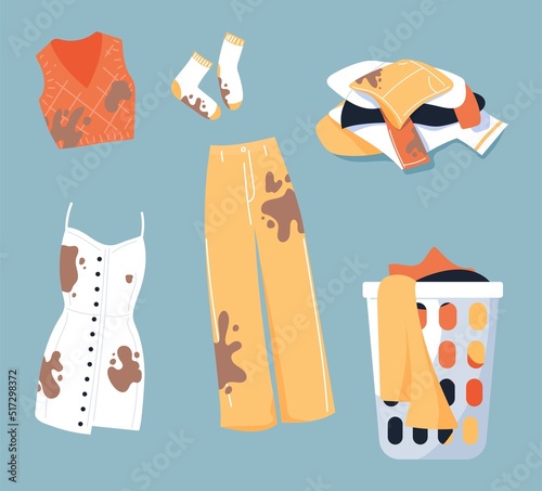 Dirty clothes set. Jeans, dress and socks stained with dirt. Laundry basket. Apparel washing and care. Design elements for posters and web. Cartoon flat vector collection isolated on blue background