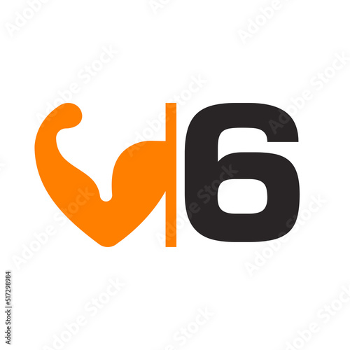Letter 6 Fitness Logo Design. Healthy Arm Body Builder Logo Design Vector Template
