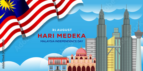 malaysia independence day background banner illustration with malaysia building landmarks