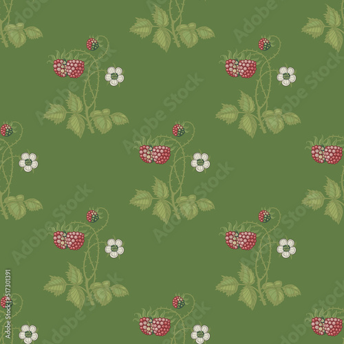 Seamless floral pattern with branches of raspberry plant with leaves flower and berries. On green background.