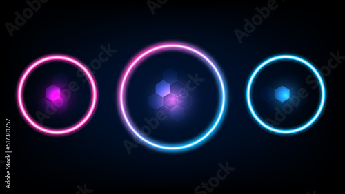 Gradient neon circle frames and Polygon neon insild. Pink and blue colored blank templates isolated on black background. Geometric glow outline shapes or laser glowing lines. Vector shining objects