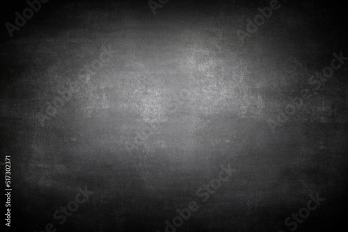 Chalkboard or black board texture abstract background with grunge dirt white chalk rubbed out on blank black billboard wall