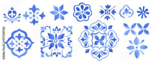 Watercolor Decorative Mediterranean patterns in monochrome blue. Ready to assemble tiles, patterns, decorations, design, borders, graphic design and more! Isolated on white background. Indigo, cobalt