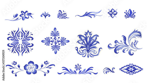 Watercolor Decorative Mediterranean patterns in monochrome blue. Ready to assemble tiles, patterns, decorations, design, borders, graphic design and more! Isolated on white background. Indigo, cobalt photo