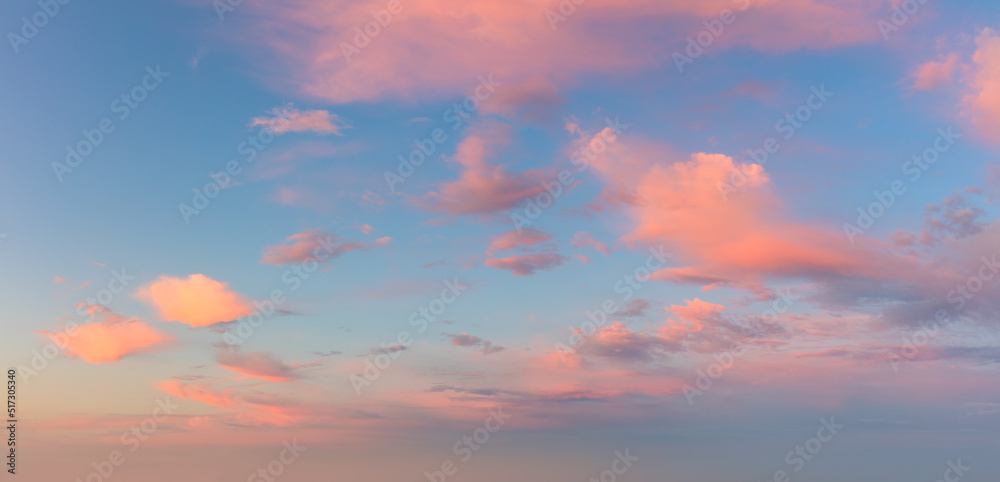 Pastel light pink clouds in the blue sky during dawn sunset, sky background