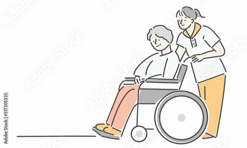 車椅子に乗るシニア女性　介護スタッフ　イラスト
