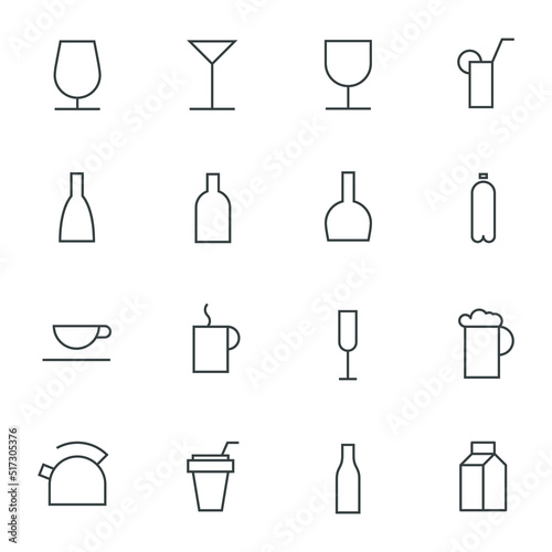 Food line icon set - beer  drink  rice vodka  grape  mug  box  glass  wine  irish coffee  drinks  cocktail  soda  champagne  coconut  bottle  ice bucket  cup  pack  aluminium  barrel  foam  tap 