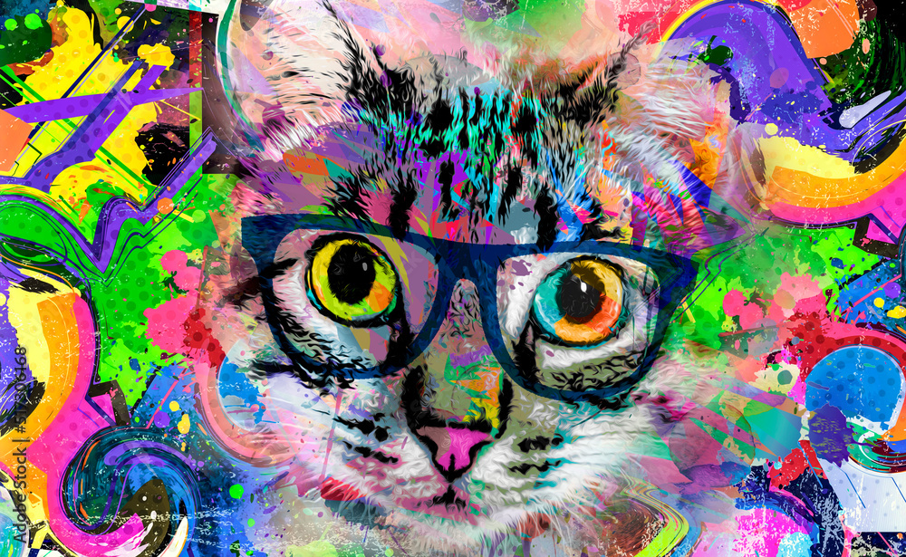 colorful artistic kitty muzzle with glasses bright paint splatters on white background color art