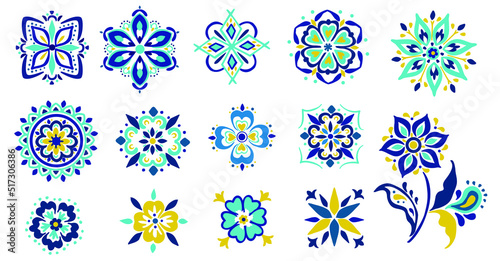 Mediterranean blue, yellow, Azul tile elements. Influenced by traditional Talavera, Portugal and Spanish decor patterns. Vector elements ready to be patterns, wallpaper, border, repeats, fabric.