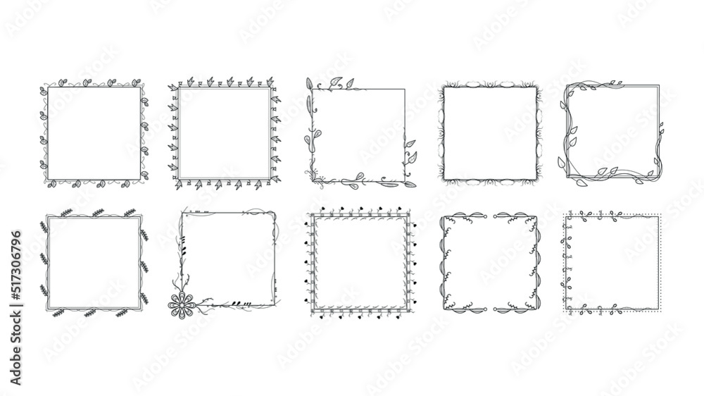 Set Black Simple Line Frame Collection Doodle Square Floral Frame Elements Vector Design Style Sketch Isolated Illustration For Banner Set Black Simple Line Frame Collection Doodle Square Floral Frame Elements Vector Design Style Sketch Isolated Illustration For Banner