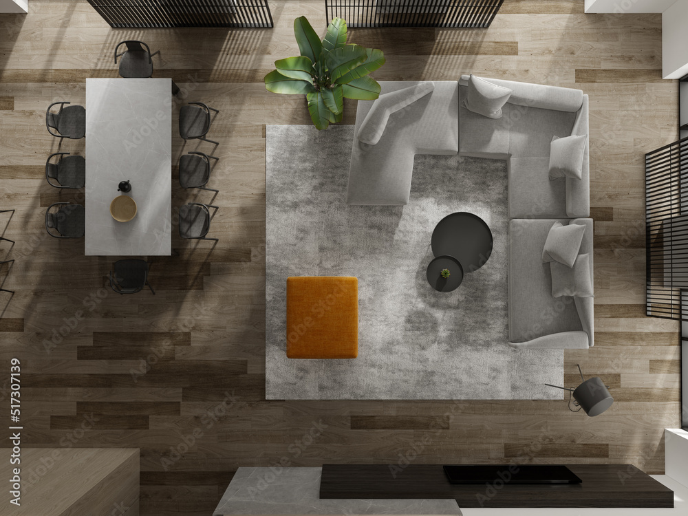 Top view Black minimalist Interior of modern living room 3D rendering