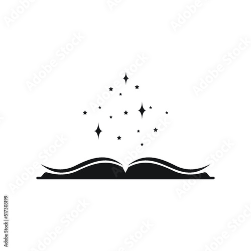 Open book with white stars flying out. Isolated on powder blue background. Flat icon. illustration. Magic reading logo