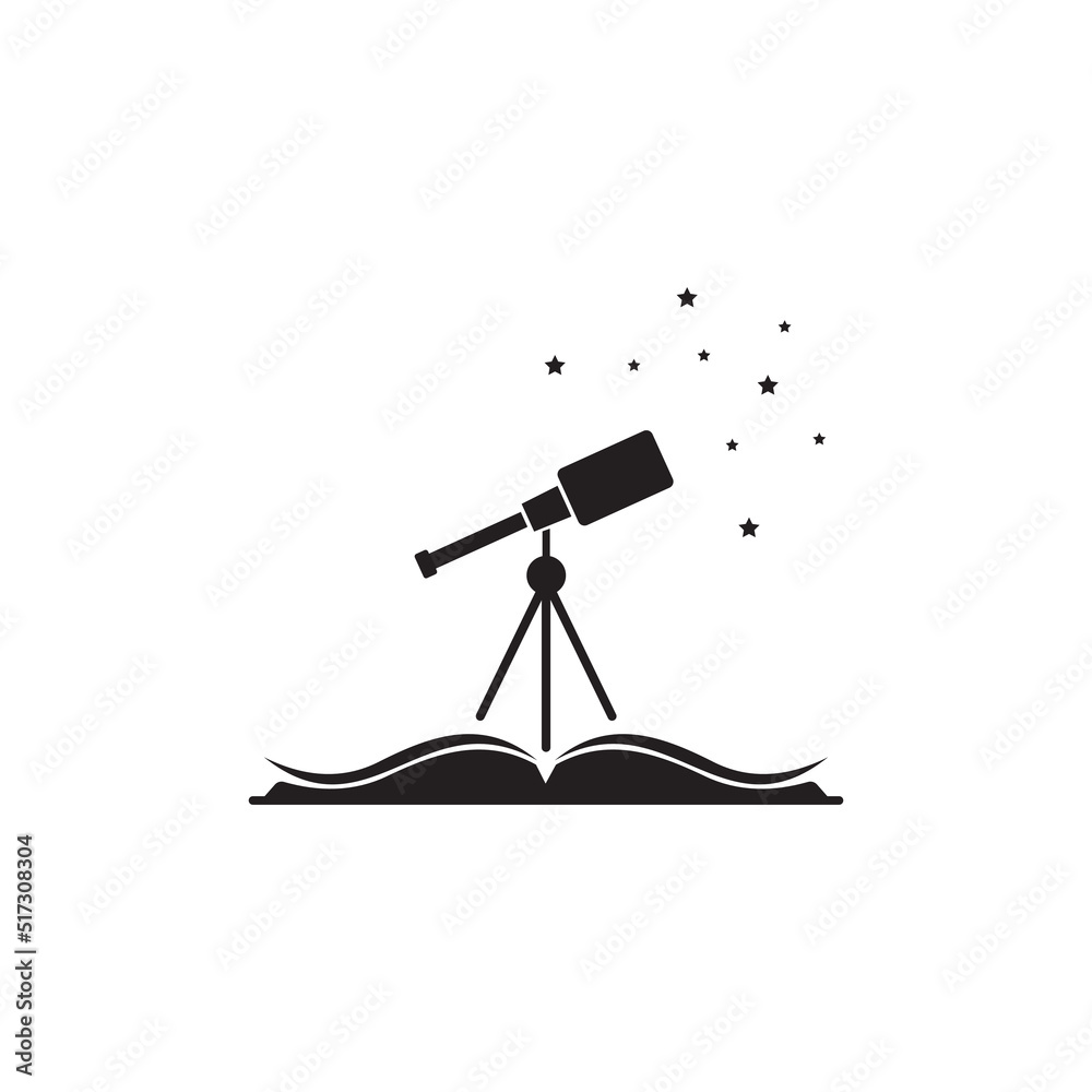 Open book and telescope with stars. Isolated on white illustration. Magic, fairytale creative logo. Astronomy, science, searching, looking symbol Open book and telescope with stars. Isolated on white illustration. Magic, fairytale creative logo. Astronomy, science, searching, looking symbol