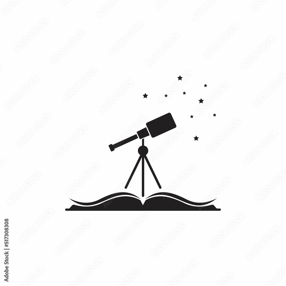 Open book and telescope with stars. Isolated on white illustration. Magic, fairytale creative logo. Astronomy, science, searching, looking symbol Open book and telescope with stars. Isolated on white illustration. Magic, fairytale creative logo. Astronomy, science, searching, looking symbol