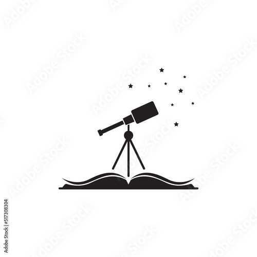 Open book and telescope with stars. Isolated on white illustration. Magic, fairytale creative logo. Astronomy, science, searching, looking symbol