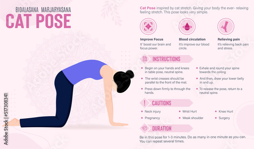 Cat Pose Guide and benefits: Yoga poses vector illustration