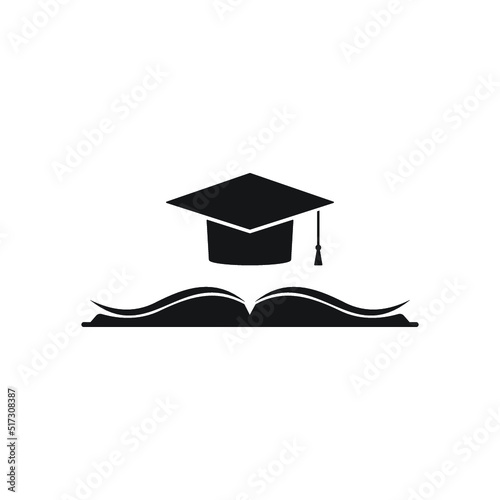 book with graduation cap or mortar board. icon Isolated on white. Flat reading icon illustration. Education logo