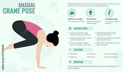 Crane Pose Guide and benefits: Yoga poses vector illustration