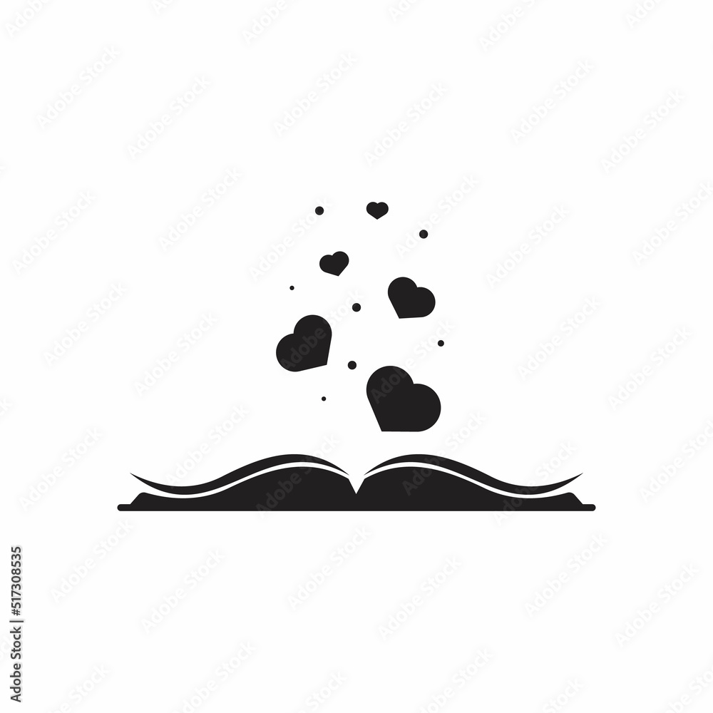 Open book with red cover and red hearts flying out. Isolated on white background. Bibliophile, book lover flat icon Open book with red cover and red hearts flying out. Isolated on white background. Bibliophile, book lover flat icon