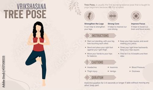 Tree Pose Guide and benefits: Yoga poses vector illustration
