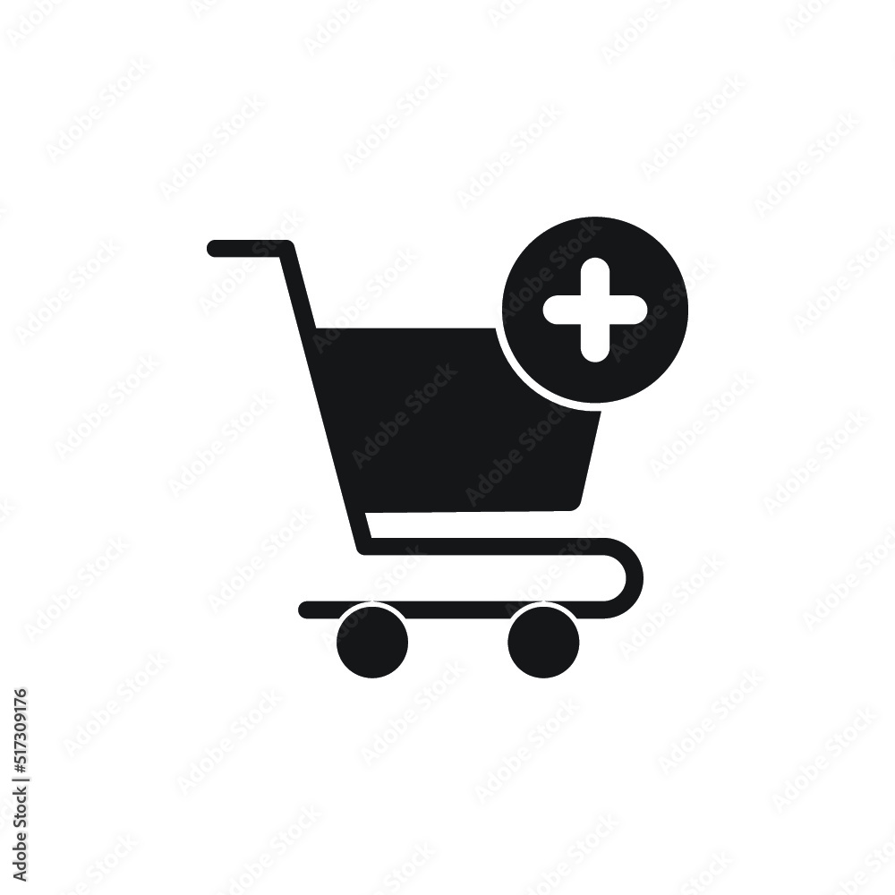 Shopping cart with cross sign. Add or plus purchase simple icon isolated on white background. Store trolley with wheels Shopping cart with cross sign. Add or plus purchase simple icon isolated on white background. Store trolley with wheels